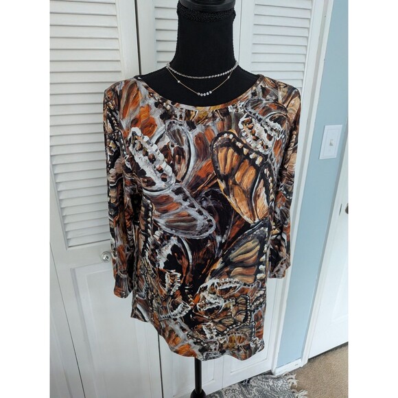 Peck & Peck Tops - Peck & Peck Artsy Tee Top Womens L Brown Painted Butterfly Art To Wear Festival